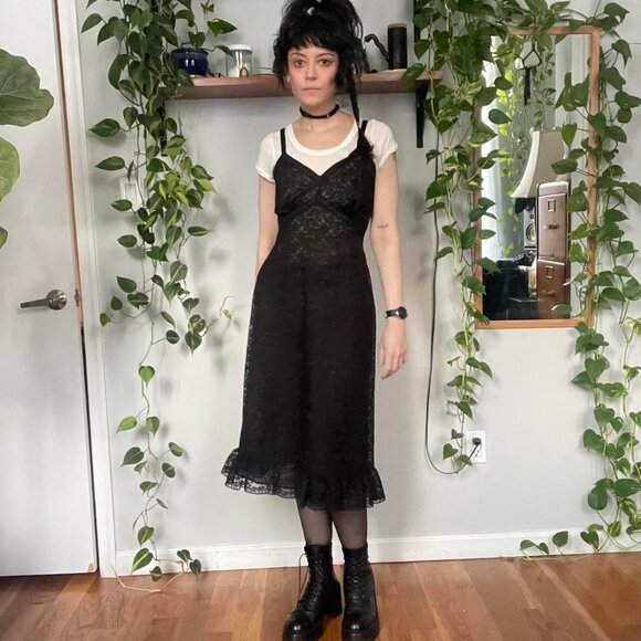 VTG Black Lace Midi Slip Babydoll Dress with Ruffles and Adjustable Straps - XS - Picture 1 of 6
